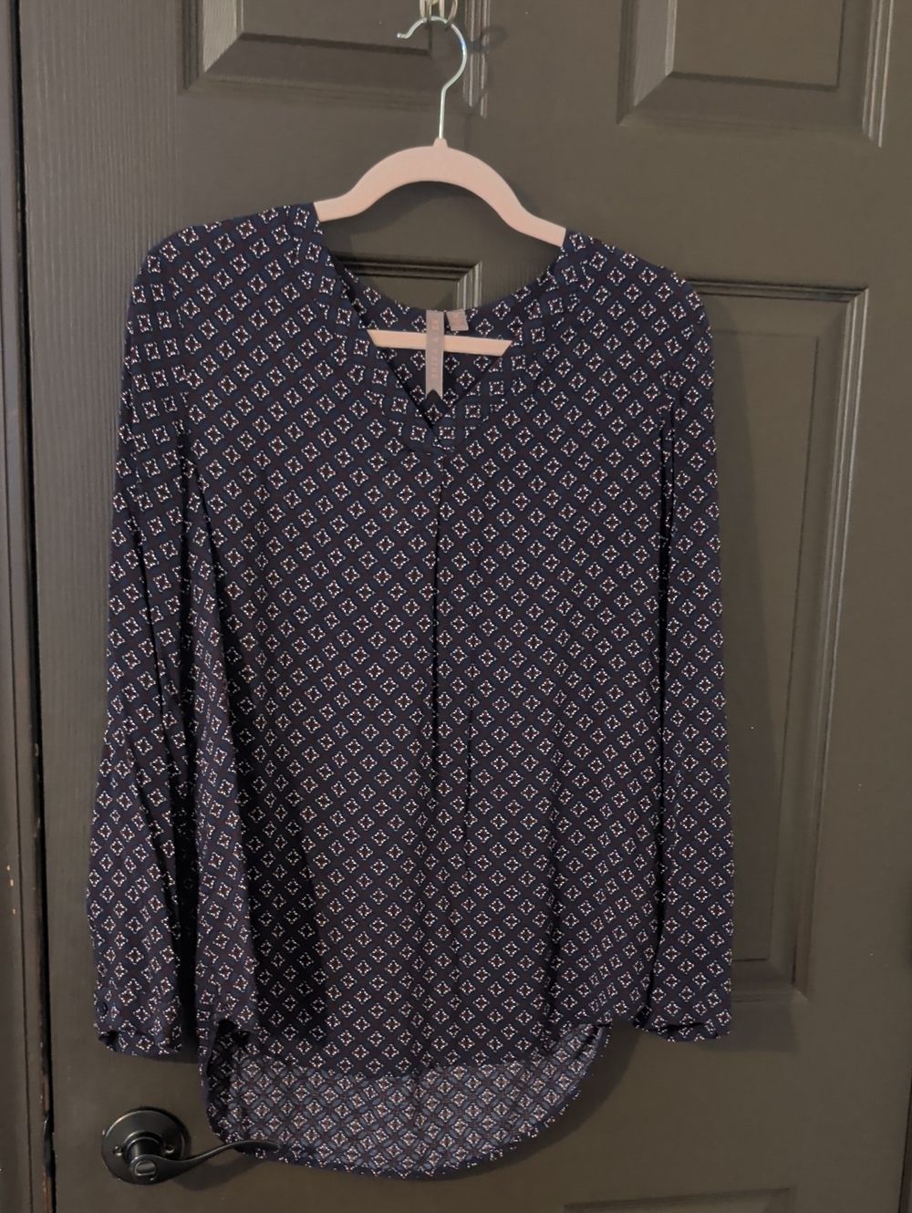 Navy Geometric Print Long-Sleeve Blouse
